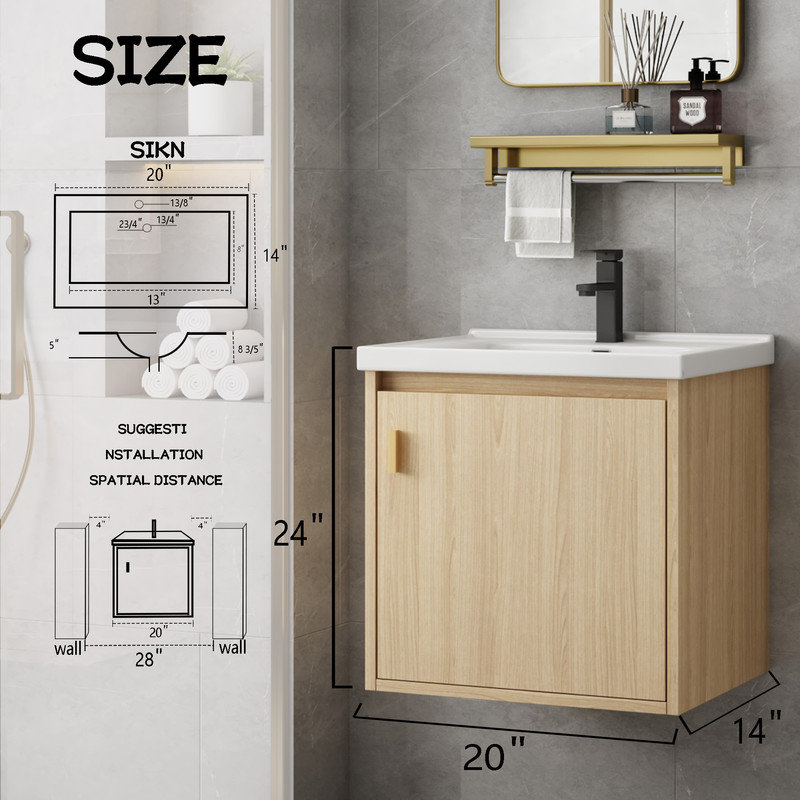 20 Inch Bathroom Vanity with Sink Combo, Wall Mounted Small Bathroom Vanity with Soft-Close Door Modern Floating Cabinet, Pop-up Drain, P-Trap Included, (No Faucet)