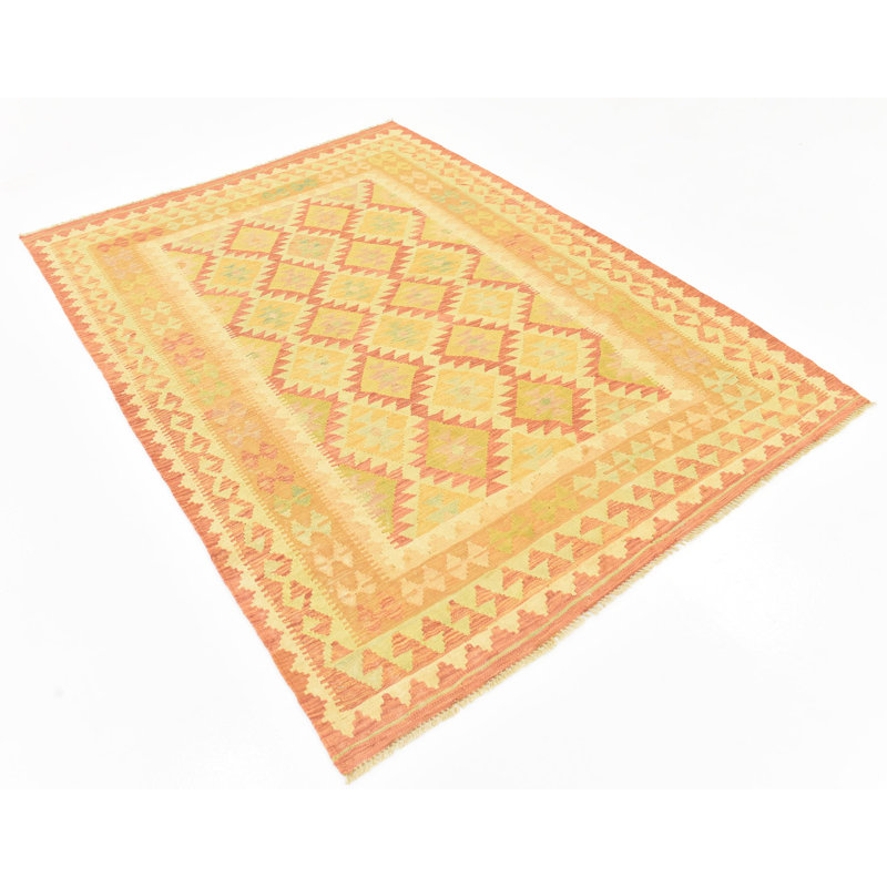 Tapis unique en laine noué à la main rouge nouvel âge 4 pi 10 po x 6 pi 8 po Elland