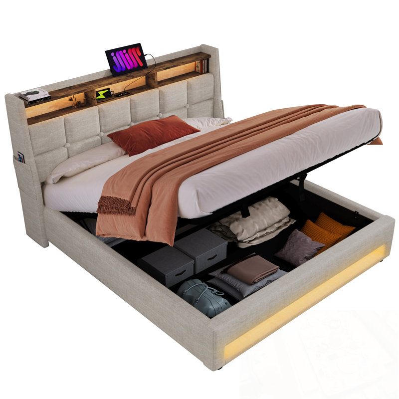 Grand lit plateforme avec système de rangement hydraulique, chargement DEL et USB, Beige