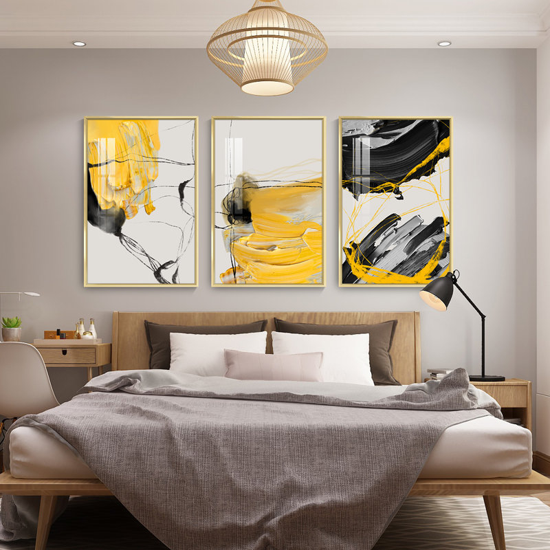 Lineal Dessin, art mural encadré en aluminium - Ensemble de 3 reproductions d'art sur toile, Cadre doré