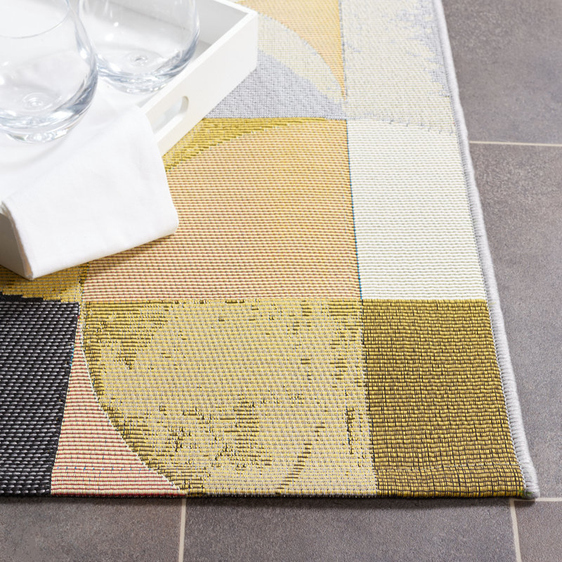 Binti Abstract Machine Woven Polypropylene Indoor / Outdoor Area Indoor/Outdoor Area Rug in Ivory/Black/Blue, Square 6'6"