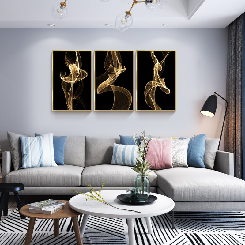 Abstrait, art mural, ensemble de 3 reproductions d'art sur toile encadrées, H 24,3 po x l 48,3 po x P 1,65 po, Or