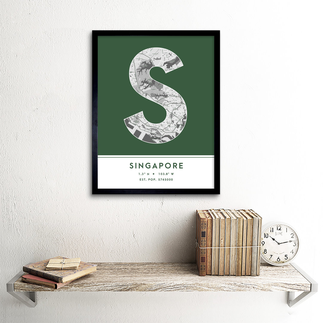 Singapore City Map Singapore Green by Wee Blue Coo - Single Picture Frame Typography