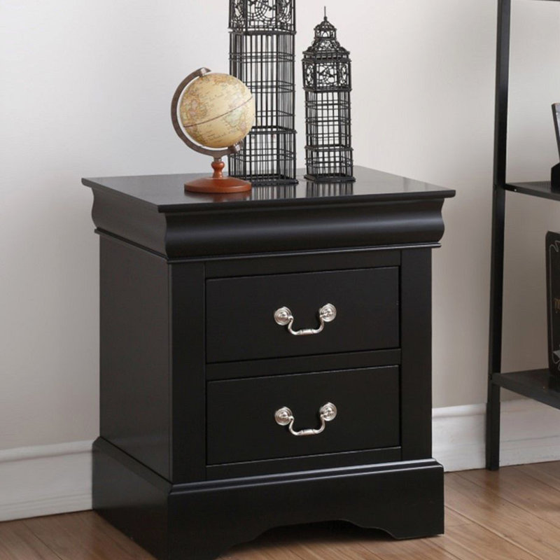 Table de chevet noire 2 chambres avec glissière centrale en métal et poignée en nickel brossé pour la chambre à coucher
