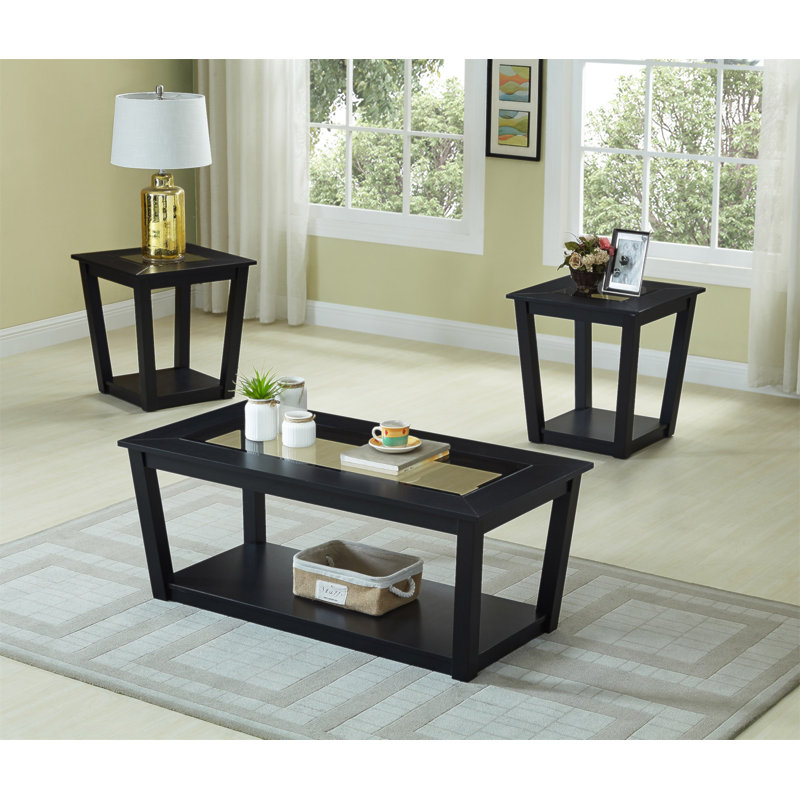 Ensemble de tables basses 3 pièces Table de bout rectangulaire Deux tables de bout assorties Plateau en MDF / verre noir Base en bois Tablette inférieure ouverte Présentoir de rangement supplémentaire