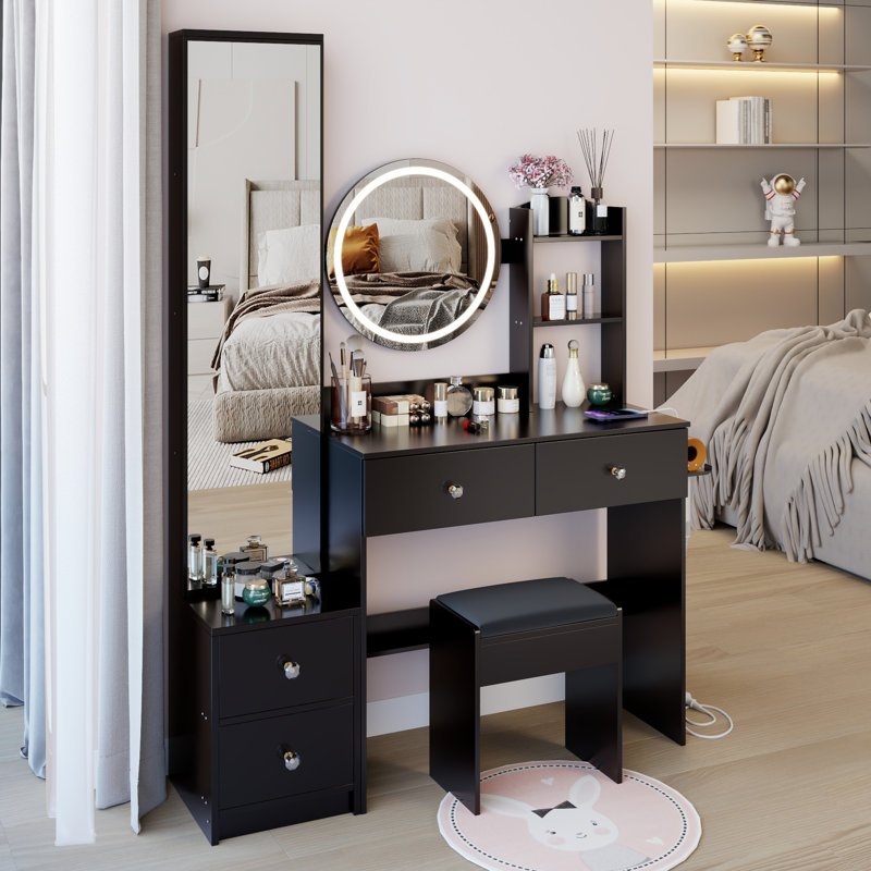 Full Body Mirror Cabinet + Round Mirror LED Vanity Table + Cushioned Stool, With 2 AC + 2 USB Power Station,17" Diameter LED Mirror, Touch Control, 3-Color, Brightness Adjustable, Large Desktop