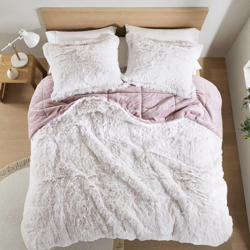 2 pièces d'édredon à poils longs en fausse fourrure pour lit simple / simple TG, rose / blanc, lit doux et chaud TG, duvet synthétique