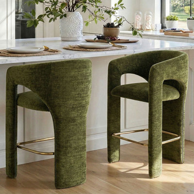 24.5" Modern Upholstered Counter Height Bar Stools With Barrel Back & Gold Footrest