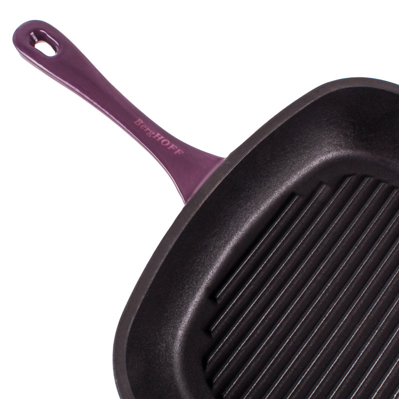 Batterie de cuisine en fonte 3 pièces BergHOFF Neo, poêle gril et cocotte ronde, mauve