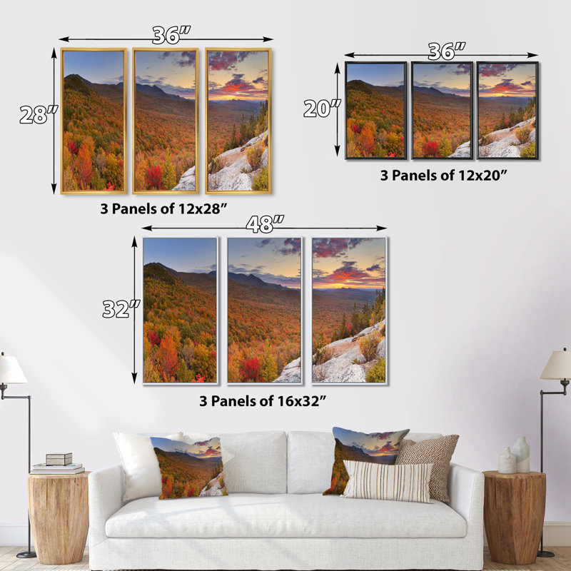 Endless Forêts in Fall Panorama - Ensemble de 3 reproductions sur toile, H 28 po x l 36 po x P 1 po, Cadre brun