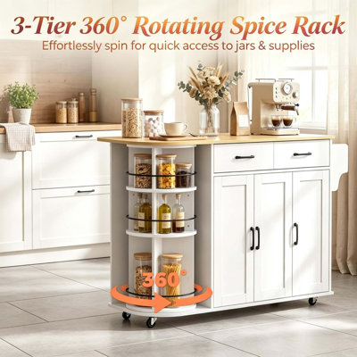 Mobile Kitchen Island Cart Built‑in Power Outlet, Foldable Drop Leaf, Rolling Wheels & 360° Rotating Storage Rack for Kitchen Use