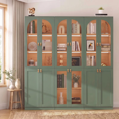 Cathcart 71"H X 70.8"W Sage Green Bookcase With Glass Doors And Shelves, Storage Cabinet With LED Light Strip and Genuine Leather Handles