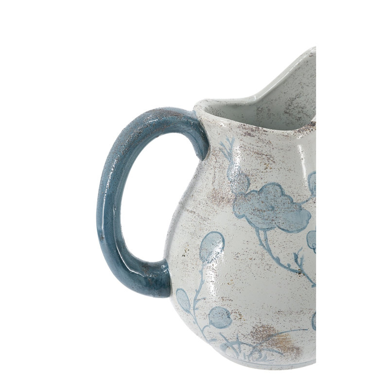 Vase rond en céramique avec motif floral bleu et blanc, H 9 po x l 8,5 po x P 6,5 po