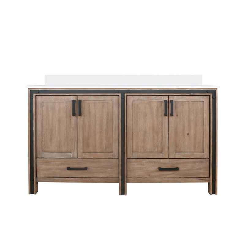 Meuble-lavabo double avec comptoir en quartz blanc, Bois de grange
