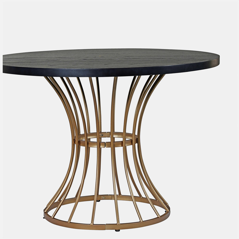 Black Oak Veneer 42" Round Dining Table – Solid Wood-Look Top, Heavy-Duty Wrought-Iron Pedestal Base, Compact Kitchen & Breakfast-Nook Furniture, Rustic-Modern Style
