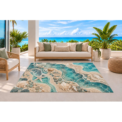 Tapis d'extérieur 152 x 213 cm (5' x 7') à motif de piscines côtières avec coquillages, étoiles de mer et touches turquoise, en PVC imperméable à boucles, résistant et à séchage rapide, idéal pour porche, terrasse, balcon ou entrée.