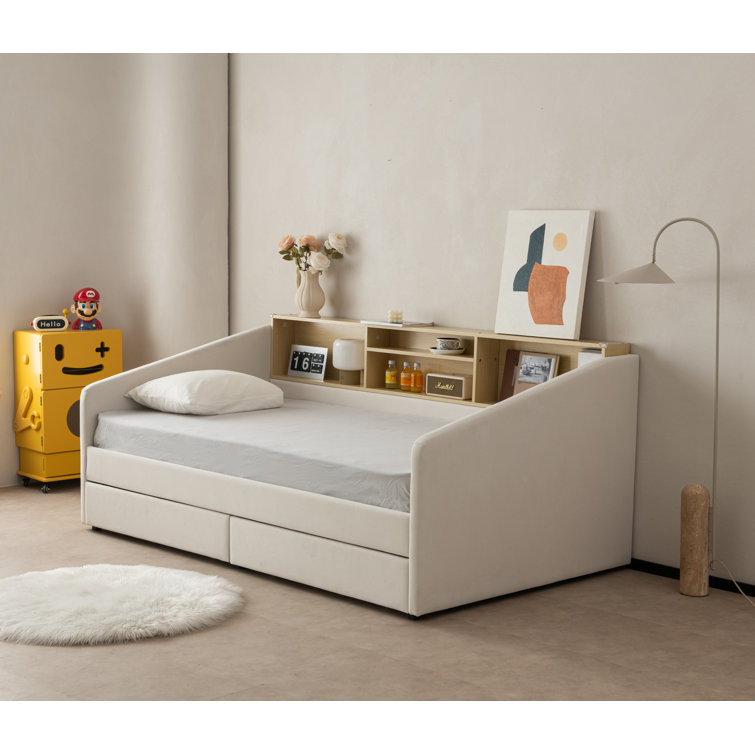 Guisselle Upholstered Twin 2 Drawers Storage Daybed with Shelf Headboard 