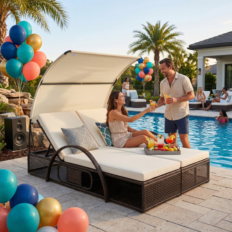 Double chaise longue d'extérieur à structure en acier - Lit de jour inclinable réglable à 5 positions avec auvent incurvé et table d'appoint cachée pour la piscine, la terrasse ou le jardin