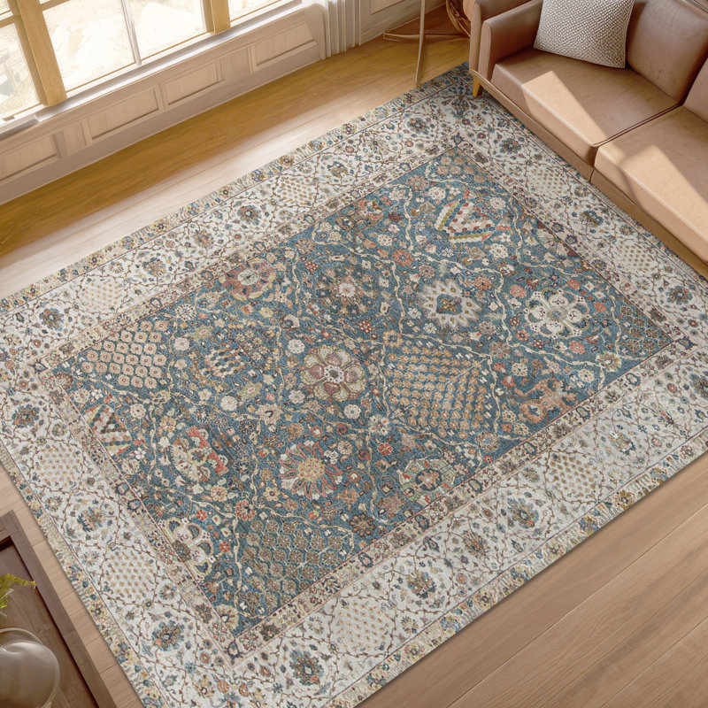 Tapis bleu clair et beige noué à la main de haute qualité