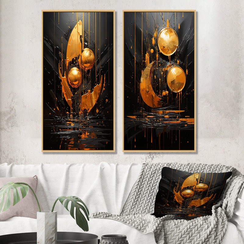 «Black and Gold Spiral Graffiti IV», ensemble de 2 reproductions d'art abstrait, Cadre flottant brun, H 28 po x l 25 po