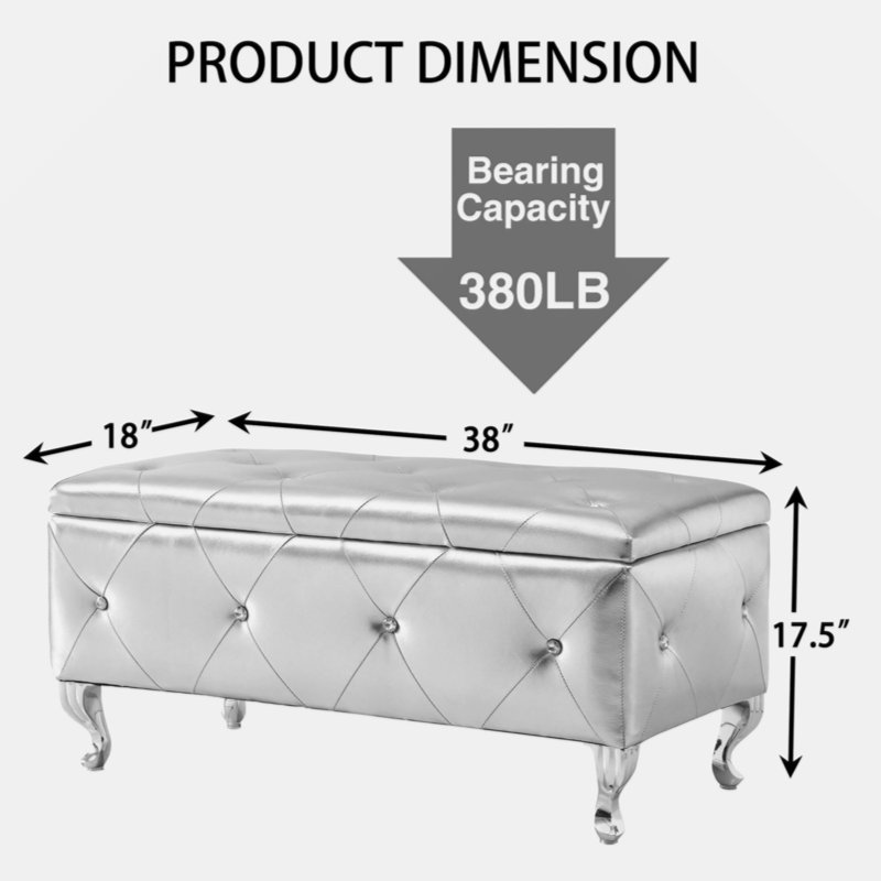 Upholstered Storage Ottoman Bench For Bedroom End Of Bed Faux Leather Rectangular Storage Benches Footrest With Crystal Buttons For Living Room Entryway (Silver)