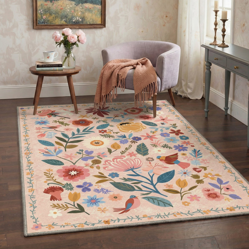 Tapis intérieur rose lavable à la machine avec envers antidérapant Aura, Rectangle 6 pi x 9 pi