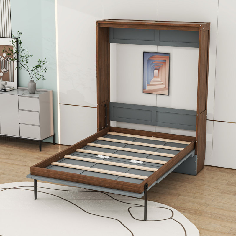 Lit escamotable double en bois avec bureau pliable, Noyer gris