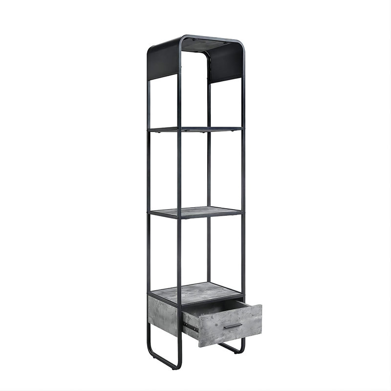 Meuble télé moderne avec courbe et finition noire, meuble télé avec tiroir et tablette en béton gris