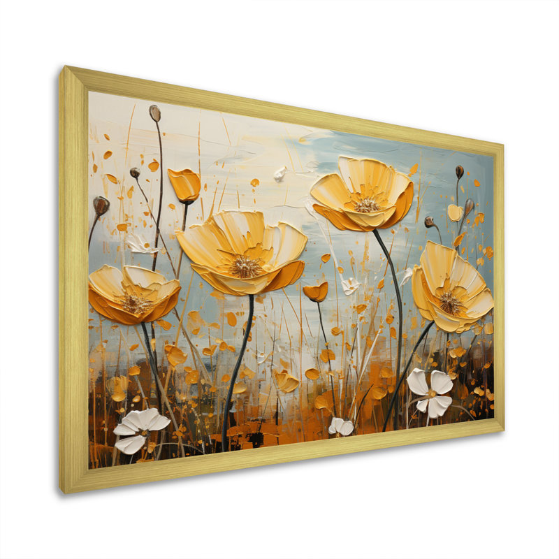 «Yellow Grey Buttercups Golden Glow Patchwork», reproduction sur toile, H 24 po x l 32 po x P 1 po, Encadrement doré