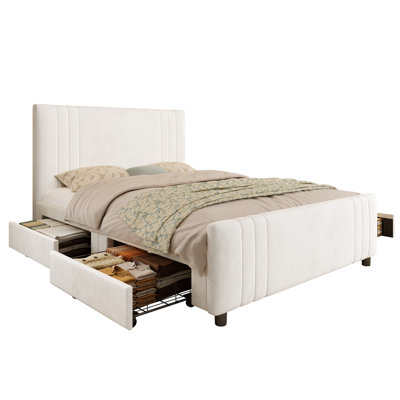 Modern Velvet Upholstered Platform Bed-4 Storage Drawers