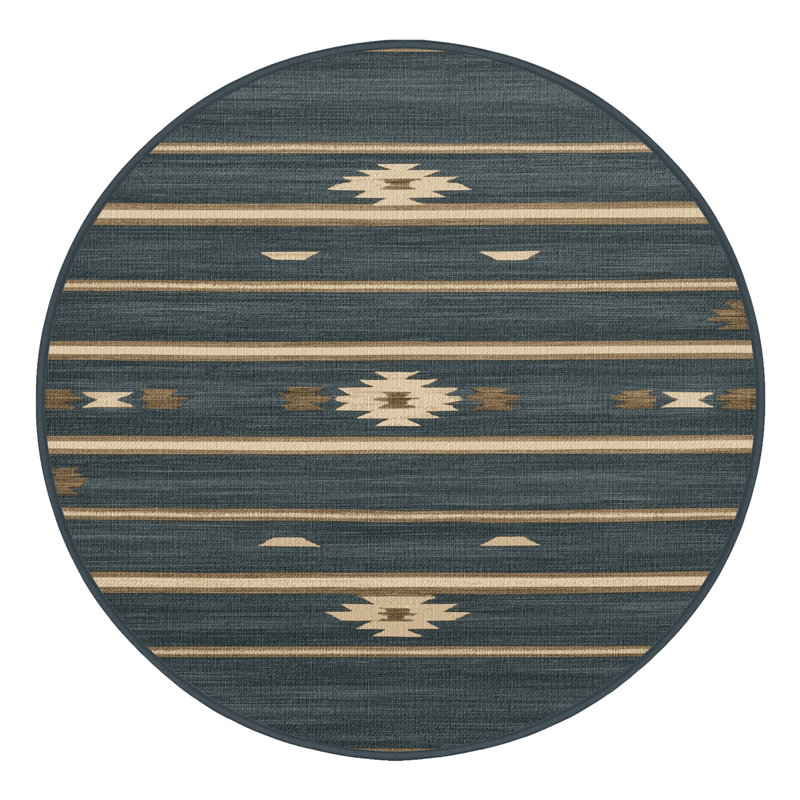 Washable Slate Ivory Striped Area Rug, Round 5'