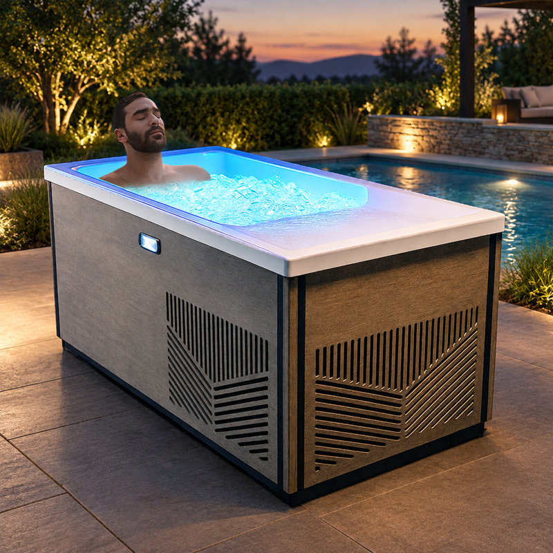 Iroquois 67 po Spa / bain à remous plongeant tout-en-un 1 personne avec refroidisseur / réchauffeur intégré en châtaignier