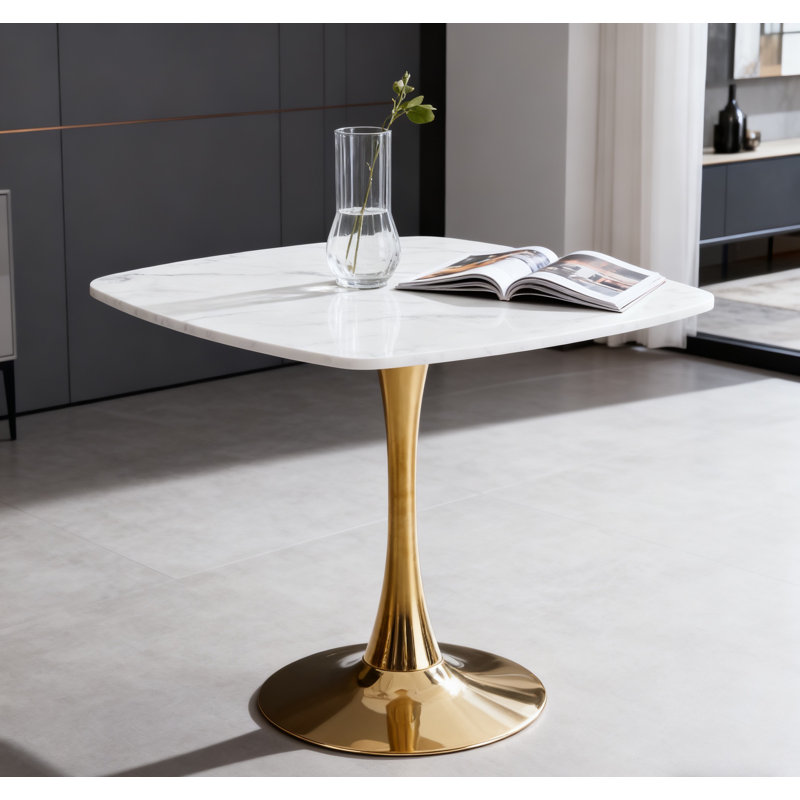 Table de salle à manger 31,5 pouces blanc et doré, H 28,93 po x L 31,5 po x l 31,5 po, Blanc
