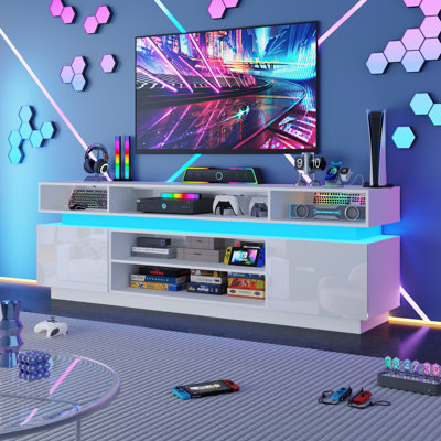 LED TV Stand for 70 Inch to 80 Inch TV, Modern Tall Entertainment Center with Storage, High Gloss Gaming TV Media Console with Glass Shelf for Living Room