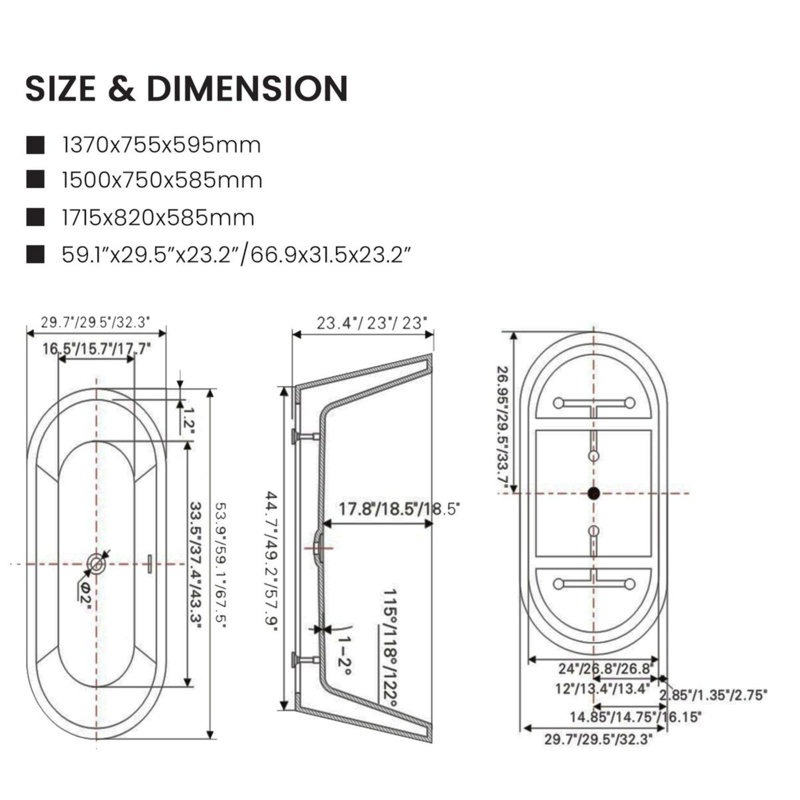 67" x 32" Freestanding Soaking Acrylic Bathtub, Pure White