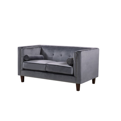 Causeuse capitonnée Chesterfield, canapé moderne en velours à accoudoirs carrés avec garniture cloutée, canapé rembourré à 2 places avec cadre en bois massif et coussins de salon