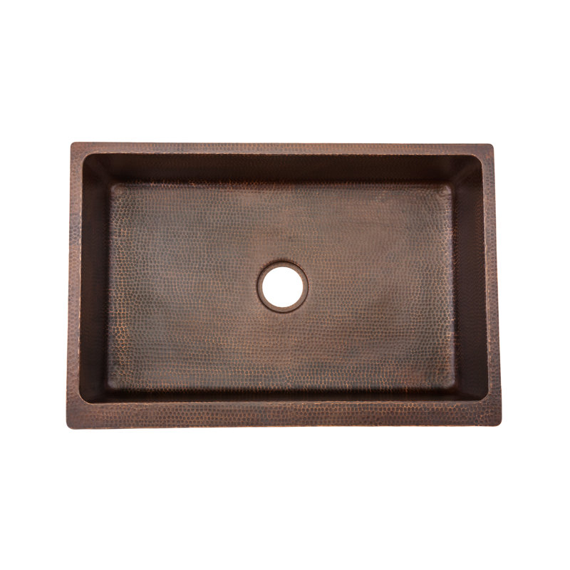 33" Hammered Copper Kitchen Apron Single Basin Sink w/ Star Design with Matching Drain and Accessories