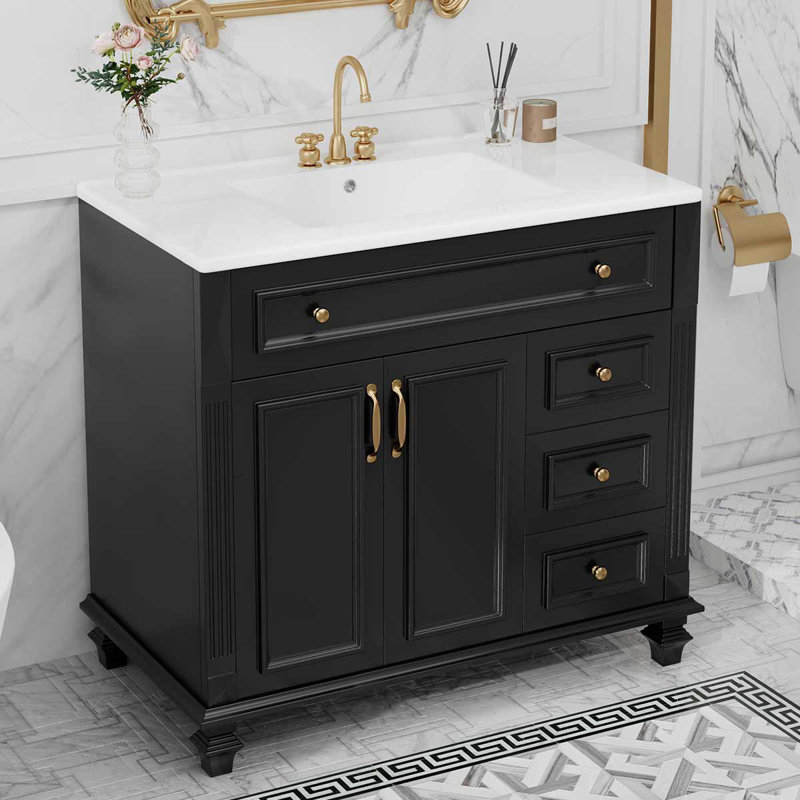 Meuble-lavabo 36 po avec lavabo en céramique et 4 tiroirs, Noir / laiton