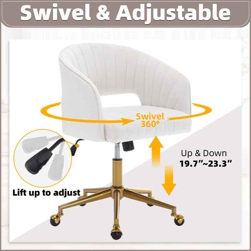 Velvet Desk Chair with Wheels, Home Office Swivel Armchair with Gold Base, Back Incline Adjustable for Vanity Make-up