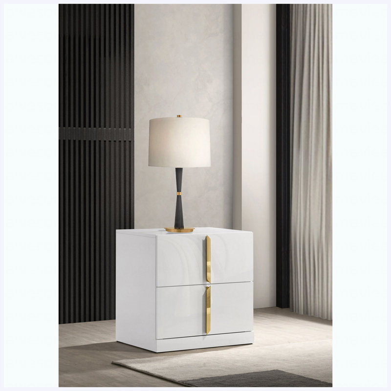 Table de chevet blanche 2 tiroirs ultrabrillante
