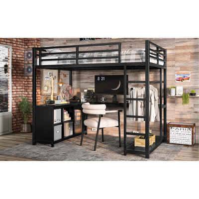 Lit mezzanine en métal avec garde-robe et bureau en forme de L, lit mezzanine simple avec cubes de rangement et tablettes, lit mezzanine pour enfants, adolescents, adultes, noir