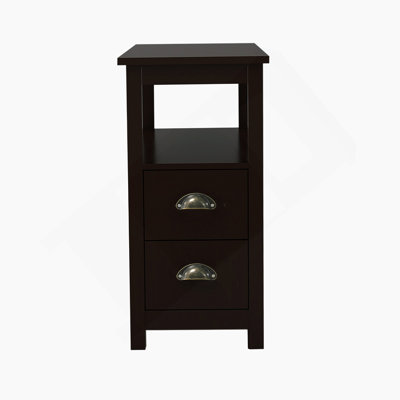 Narrow Nightstand With Two Drawers And Open Shelf-Brown