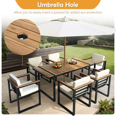 7-Piece Outdoor Dining Table and Chair Set, Acacia Wood and Steel Frame, with Umbrella Hole