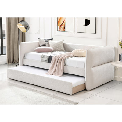 Lit de jour moderne avec lit gigogne, détails capitonnés, teinte avoine, bois massif pour salon, design intégré luxueux, ton et chambre à coucher solides