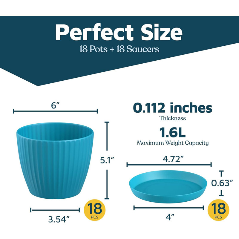 Blue 6-Inch Plant Pots with Drainage & Saucers 18 Pack, Indoor & Outdoor Planters for Houseplants, Herbs, and Flowers, Durable & Weatherproof Material, Stackable, Lightweight, Minimalist Design
