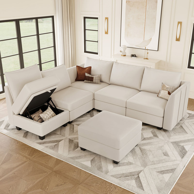 Canapé modulaire en L 7 pièces Allinson, Velours beige