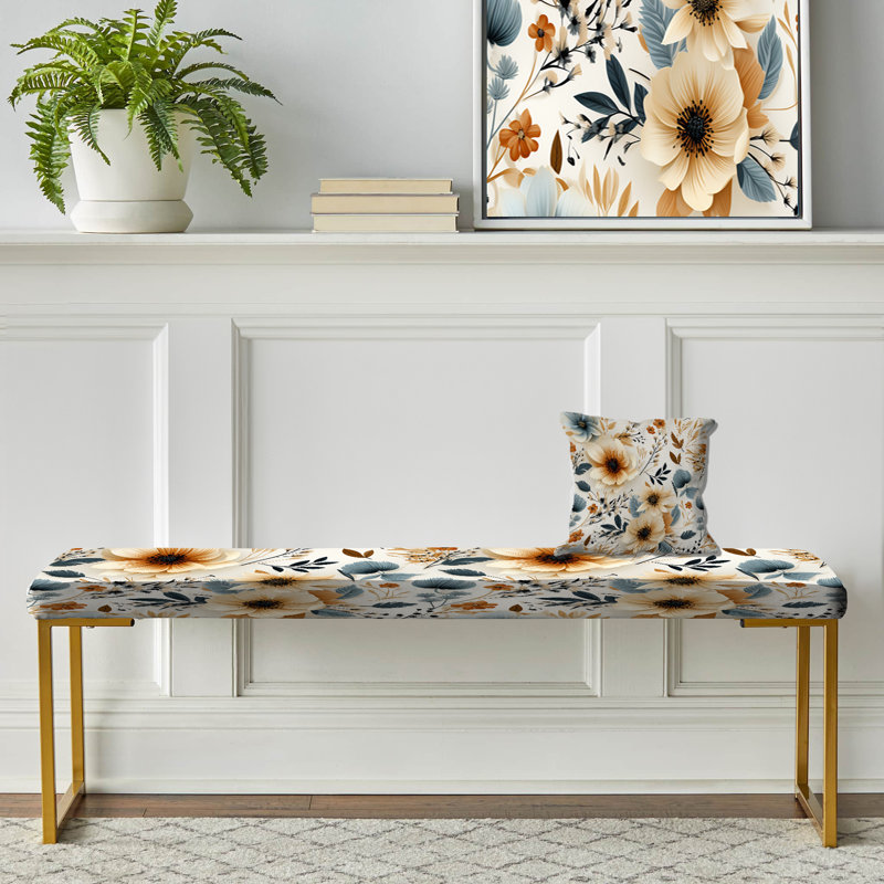 Floral Upholstered Gold Bench, Beige Rustic Floral Country Charm Bouquet
