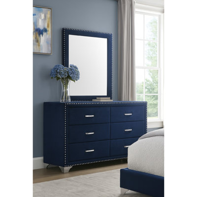 Giya Wide Dresser With Rectangular Rivet Trim Mirror, Navy Blue Velvet