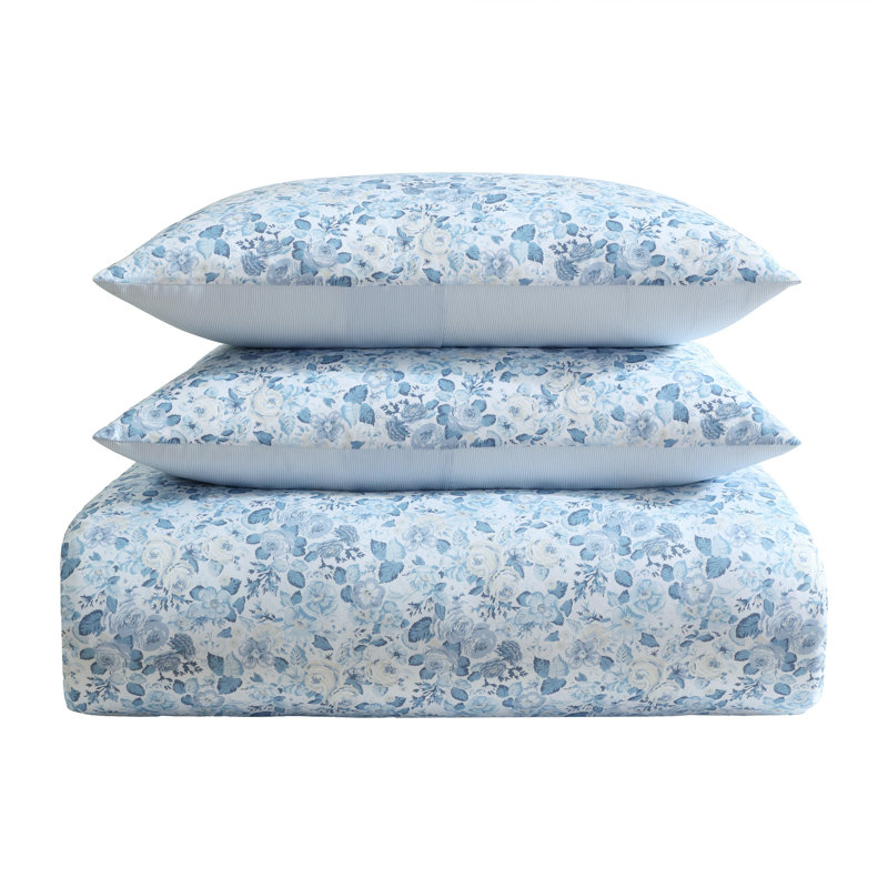Twin Blue Cotton Reversible Floral Bedding Set
