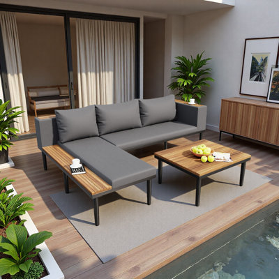 Ensemble de meubles de patio de luxe avec coussins amovibles, canapé en bois d'acacia en forme de L avec table d'appoint